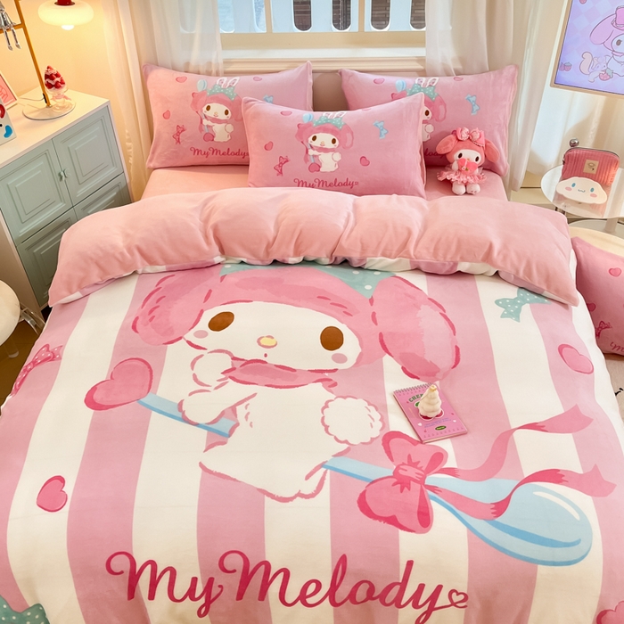 91家纺网 家纺一手货源 找家纺 2024新品正版三丽鸥授权大版卡通平网数码印花加厚高克重牛奶绒系列四件套 绒大版-R魔法美乐蒂