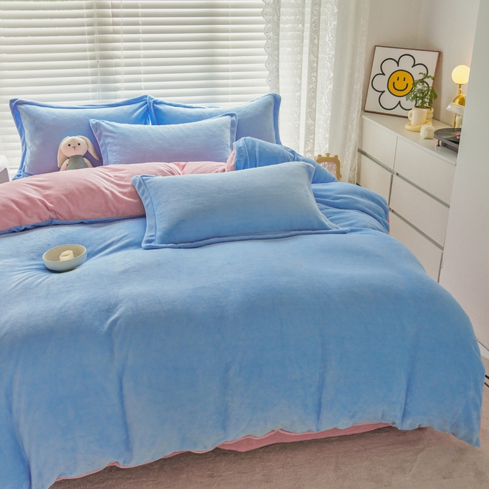 91家纺网 家纺一手货源 找家纺 慕晨 2024新款加厚牛奶绒纯色单被套珊瑚绒被套单件双面绒四件套 奶油蓝+奶油粉