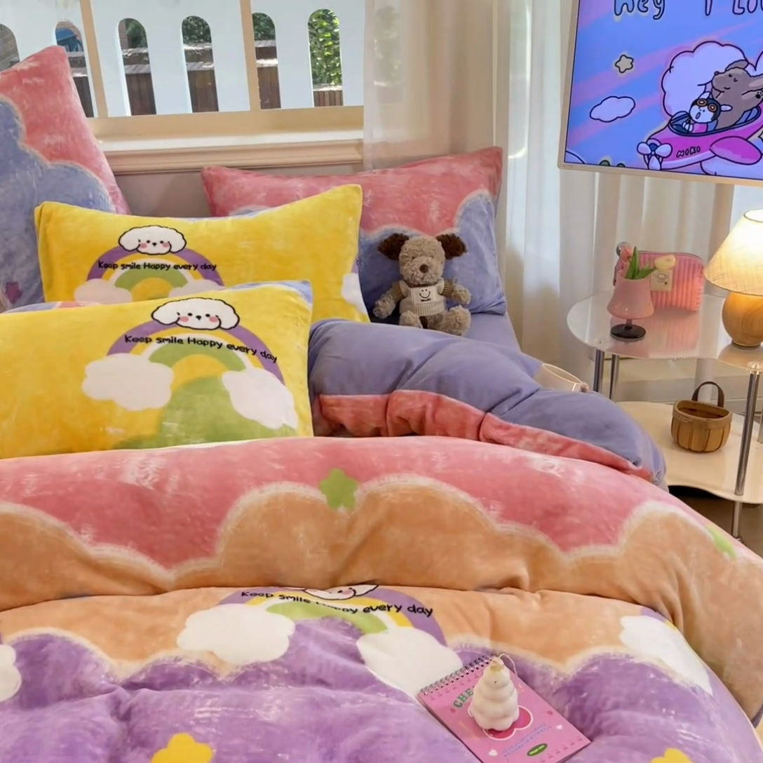 91家纺网 家纺一手货源 找家纺 卡派 2024新款冬季亲肤透气牛奶绒印花四件套 彩虹萌狗