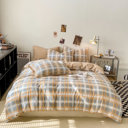 悦织湾家纺 2025新款日式简约格子水洗棉单品被套系列 慕尚桔