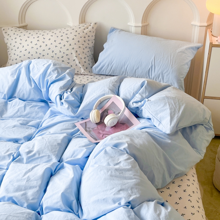 91家纺网 家纺一手货源 找家纺 千朵 2024新款全棉水洗棉混搭双拼四件套 瑾蓝