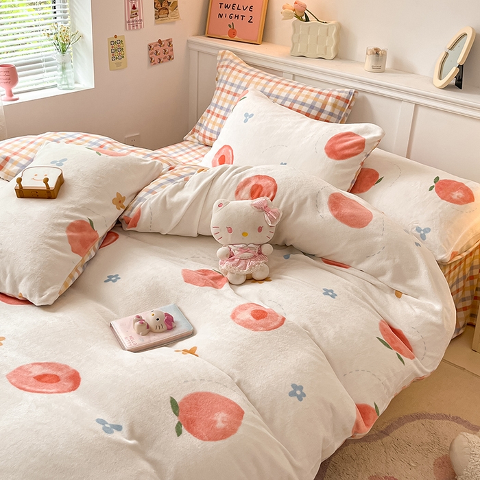 91家纺网 家纺一手货源 找家纺 2024新款200g加厚防静电牛奶绒小清新四件套 绒-蜜桃朵朵