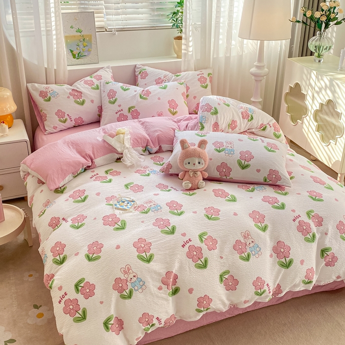 91家纺网 家纺一手货源 找家纺 悦织湾家纺 2025新款轻奢北欧风小清新印花水洗棉四件套 花小兔