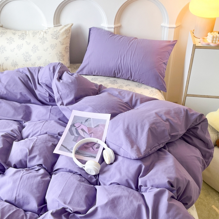 91家纺网 家纺一手货源 找家纺 千朵 2024新款全棉水洗棉混搭双拼四件套 妍语紫