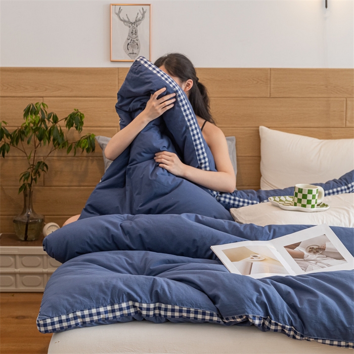 91家纺网 家纺一手货源 找家纺 2024新款无印风棋盘格立体边大豆纤维冬被 风格二 棋盘格-牛仔蓝