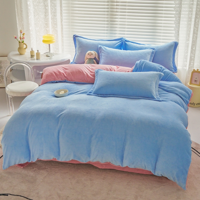 91家纺网 家纺一手货源 找家纺 慕晨 2024新款加厚牛奶绒纯色单被套珊瑚绒被套单件双面绒四件套 奶油蓝+奶油粉