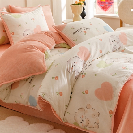 红粉佳人 2025新款棉加绒印花四件套 甜心小狗