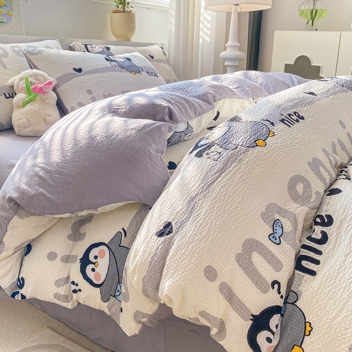 91家纺网 家纺一手货源 找家纺 悦织湾家纺 2025新款轻奢北欧风小清新印花水洗棉四件套 企鹅