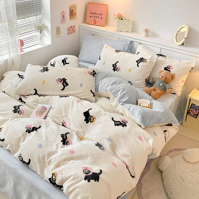 91家纺网 家纺一手货源 找家纺 2024新款200g加厚防静电牛奶绒小清新四件套 绒-快乐喵