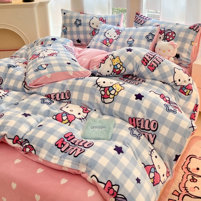 91家纺网 家纺一手货源 找家纺 2024新款三丽鸥牛奶绒小版四件套 牛奶绒小版-幸运星KT猫