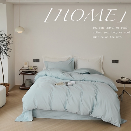 91家纺网 家纺一手货源 找家纺 EH家居 2024新款长绒棉拼色四件套系列--英文版 婴儿蓝