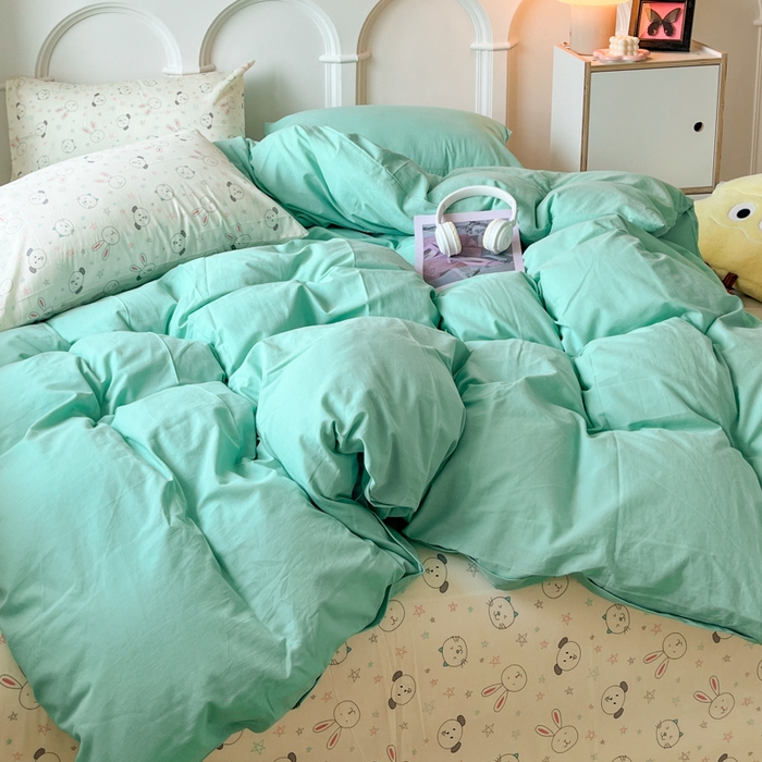 91家纺网 家纺一手货源 找家纺 千朵 2024新款全棉水洗棉混搭双拼四件套 猫咪湖绿