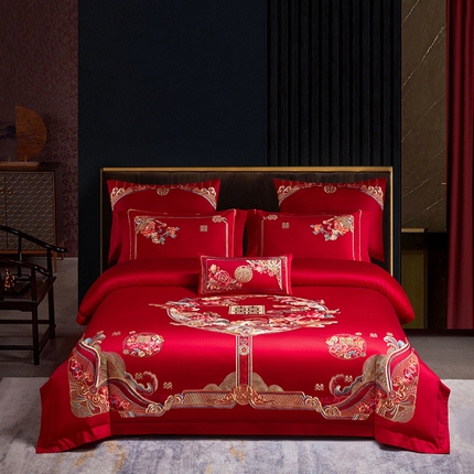 2025新款长绒棉长绒棉贡缎提花款新中式古典韵味精美刺绣婚庆四件套多件套 缘定江山