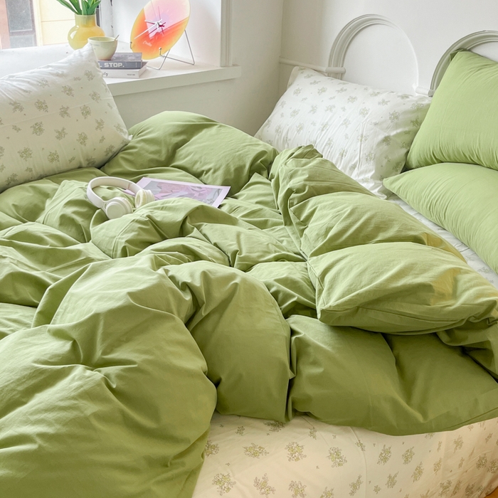 91家纺网 家纺一手货源 找家纺 千朵 2024新款全棉水洗棉混搭双拼四件套 茶艺绿