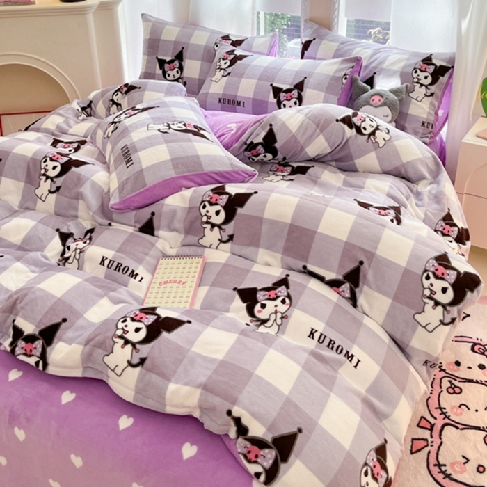 91家纺网 家纺一手货源 找家纺 2024新款三丽鸥牛奶绒小版四件套 牛奶绒小版-格子库洛米