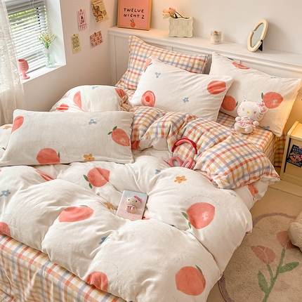 2024新款200g加厚防静电牛奶绒小清新四件套 绒-蜜桃朵朵