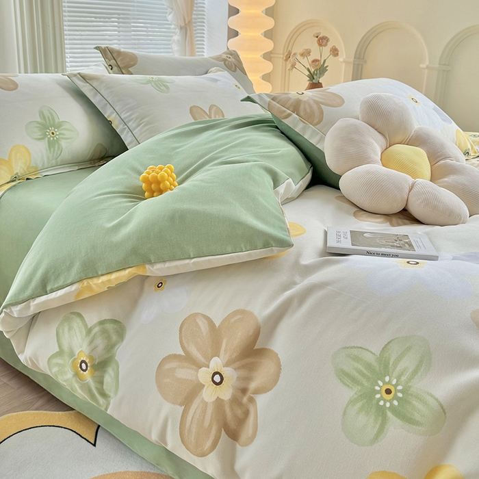 91家纺网 家纺一手货源 找家纺 优尚家纺 2025新款全棉磨毛纯棉喷气印花清新轻奢款四件套 清新款-花语甜心-绿