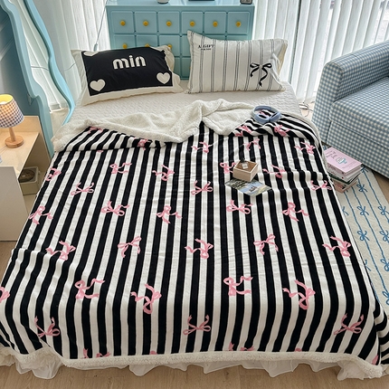 91家纺网 家纺一手货源 找家纺 昔可家纺 2024新款羊羔绒牛奶绒毛毯系列（三）-ins小清新系列 黑粉芭蕾蝴蝶结