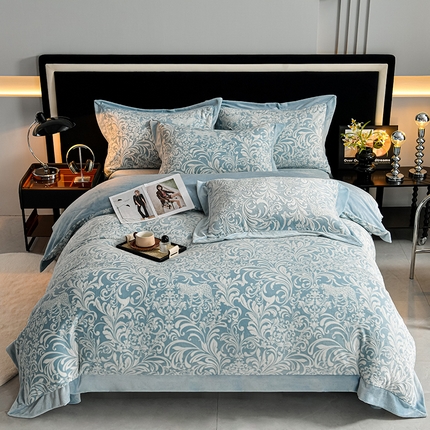 馨梦缘 2025新款宽边5D雕花绒牛奶绒四件套 西雅图-翡翠绿