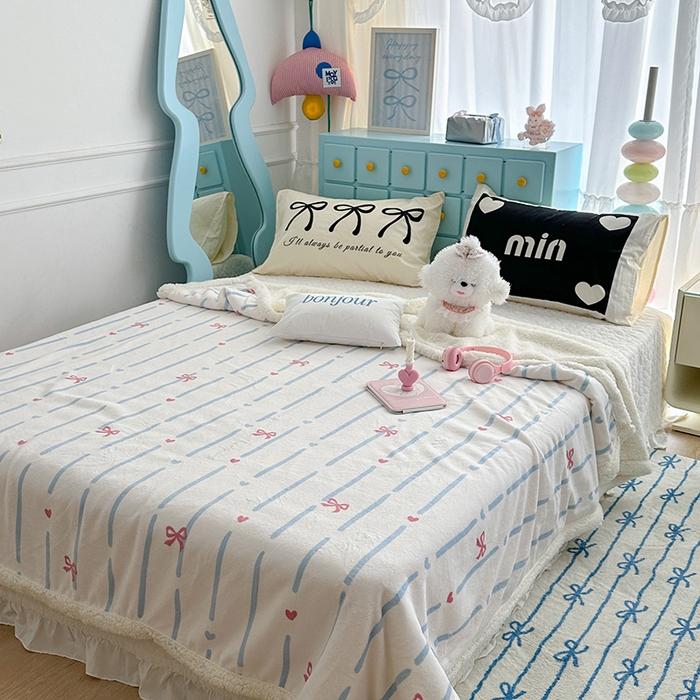 91家纺网 家纺一手货源 找家纺 昔可家纺 2024新款羊羔绒牛奶绒毛毯系列（三）-ins小清新系列 梦幻蝴蝶结