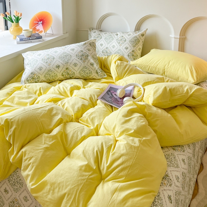 91家纺网 家纺一手货源 找家纺 千朵 2024新款全棉水洗棉混搭双拼四件套 若兮黄