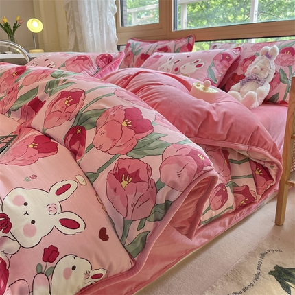 91家纺网 家纺一手货源 找家纺 （总）红粉佳人 2025新款棉加绒印花单被套
