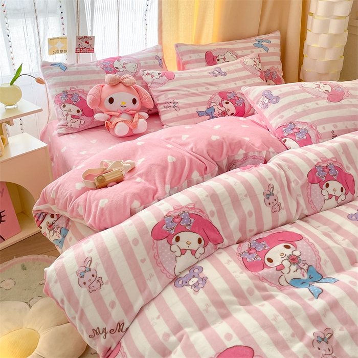 91家纺网 家纺一手货源 找家纺 2024新款三丽鸥牛奶绒小版四件套 甜甜美乐蒂专版