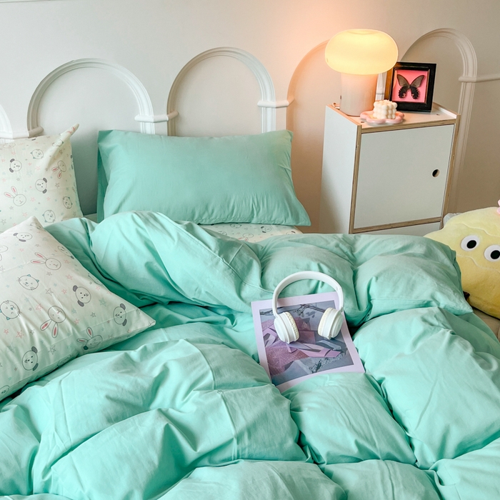 91家纺网 家纺一手货源 找家纺 千朵 2024新款全棉水洗棉混搭双拼四件套 猫咪湖绿