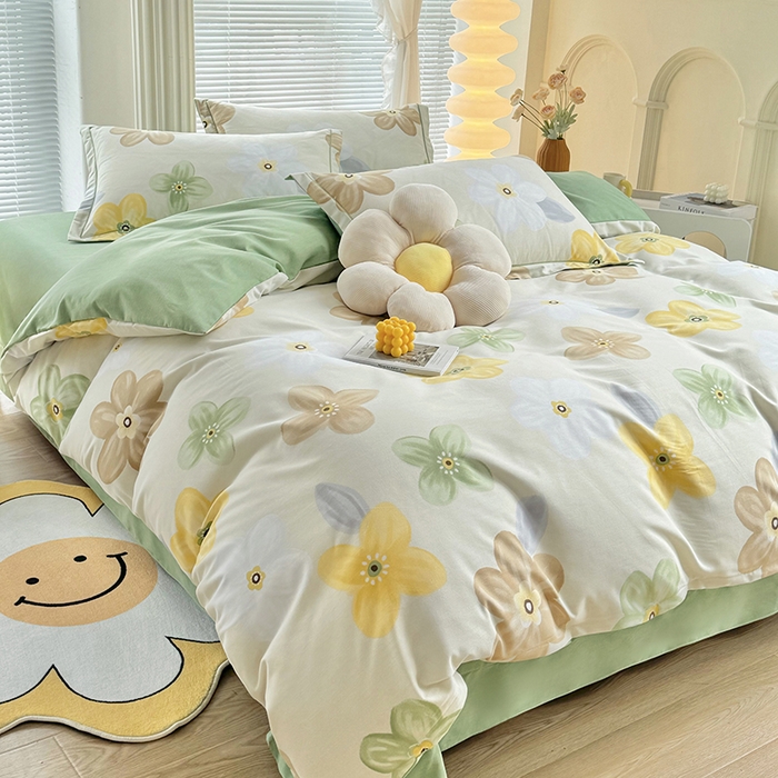 91家纺网 家纺一手货源 找家纺 优尚家纺 2025新款全棉磨毛纯棉喷气印花清新轻奢款四件套 清新款-花语甜心-绿