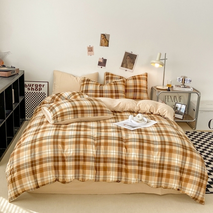 91家纺网 家纺一手货源 找家纺 悦织湾家纺 2025新款日式简约格子水洗棉四件套 美拉德