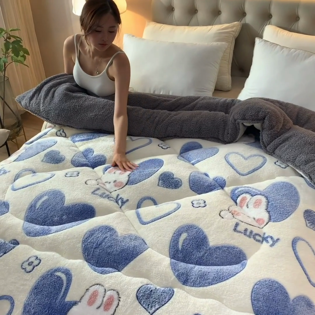 91家纺网 家纺一手货源 找家纺 南北家居 2024新款AB版雪花绒羊羔绒冬被被子被芯 爱心满满