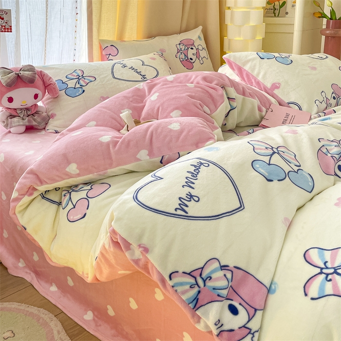 91家纺网 家纺一手货源 找家纺 2024新款三丽鸥牛奶绒小版四件套 樱桃美乐蒂