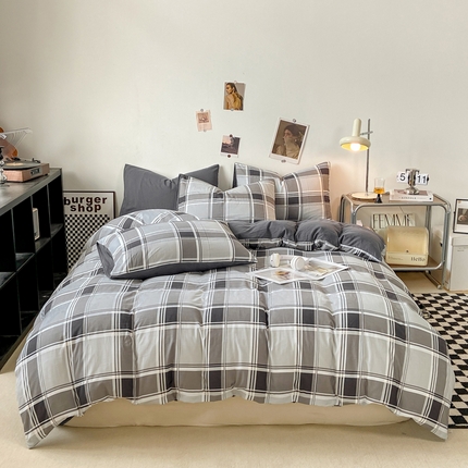 91家纺网 家纺一手货源 找家纺 悦织湾家纺 2025新款日式简约格子水洗棉单品被套系列 绅士灰