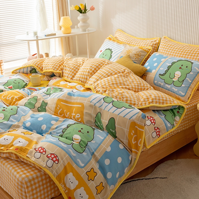 91家纺网 家纺一手货源 找家纺 红粉佳人 2025新款棉加绒印花四件套 萌萌小恐龙