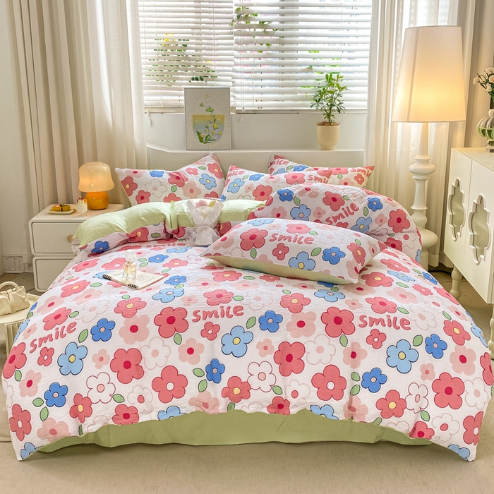 91家纺网 家纺一手货源 找家纺 悦织湾家纺 2025新款轻奢北欧风小清新印花水洗棉四件套 花满园