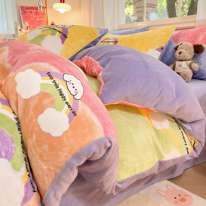 91家纺网 家纺一手货源 找家纺 卡派 2024新款冬季亲肤透气牛奶绒印花四件套 彩虹萌狗