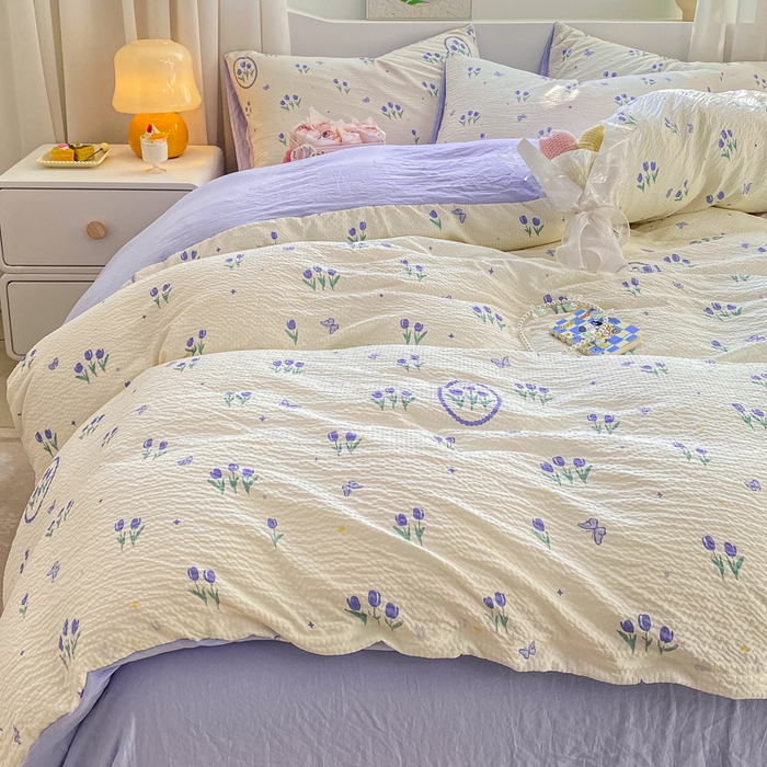 91家纺网 家纺一手货源 找家纺 悦织湾家纺 2025新款轻奢北欧风小清新印花水洗棉四件套 蓝色恋人