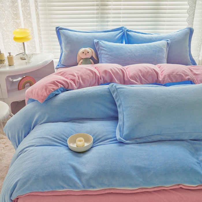 91家纺网 家纺一手货源 找家纺 慕晨 2024新款加厚牛奶绒纯色单被套珊瑚绒被套单件双面绒四件套 奶油蓝+奶油粉