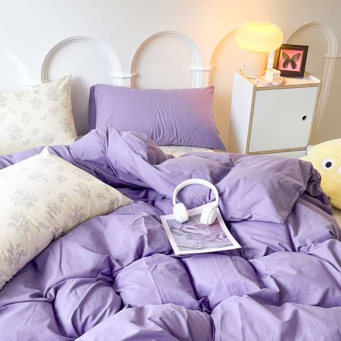 91家纺网 家纺一手货源 找家纺 千朵 2024新款全棉水洗棉混搭双拼四件套 妍语紫