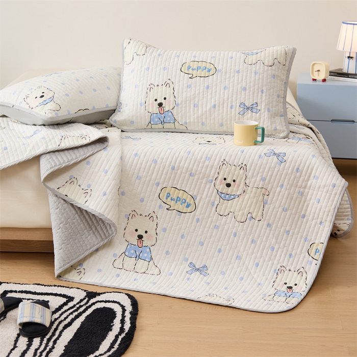 91家纺网 家纺一手货源 找家纺 美优兰 2025春款全棉单面高温砂洗床盖 小奶狗