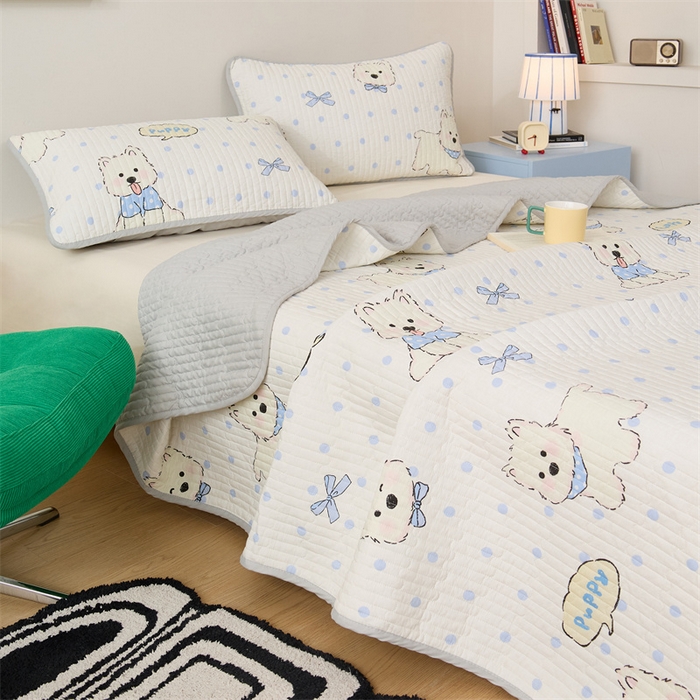 91家纺网 家纺一手货源 找家纺 美优兰 2025春款全棉单面高温砂洗床盖 小奶狗