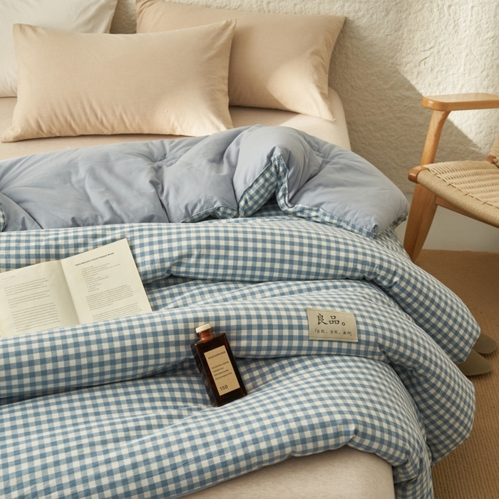 91家纺网 家纺一手货源 找家纺 2024新款b类无印风100%新疆棉花冬被被子被芯 无印风-天蓝小格