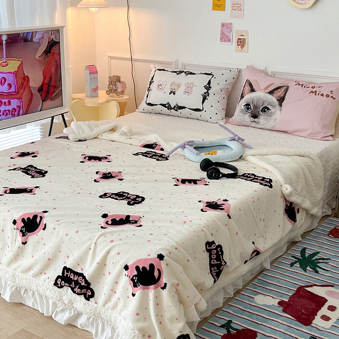 91家纺网 家纺一手货源 找家纺 昔可家纺 2024新款羊羔绒牛奶绒毛毯系列（三）-卡通系列 晚安猫猫