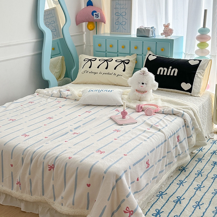 91家纺网 家纺一手货源 找家纺 昔可家纺 2024新款羊羔绒牛奶绒毛毯系列（三）-ins小清新系列 梦幻蝴蝶结