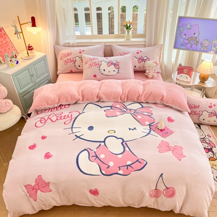 （总）2024新品正版三丽鸥授权大版卡通平网数码印花加厚高克重牛奶绒系列四件套