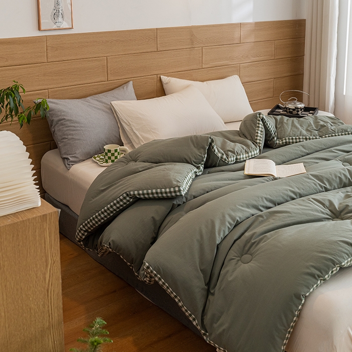 91家纺网 家纺一手货源 找家纺 2024新款无印风棋盘格立体边大豆纤维冬被 风格一 棋盘格-墨子绿