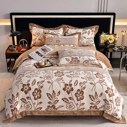 馨梦缘 2025新款宽边5D雕花绒牛奶绒四件套 繁花-咖