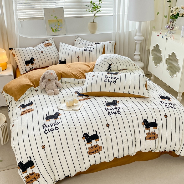 91家纺网 家纺一手货源 找家纺 悦织湾家纺 2025新款轻奢北欧风小清新印花水洗棉四件套 腊肠狗