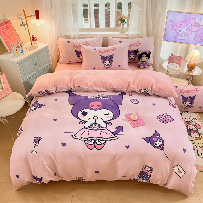 91家纺网 家纺一手货源 找家纺 2024新品正版三丽鸥授权大版卡通平网数码印花加厚高克重牛奶绒系列四件套 绒大版-R气球公主库洛米