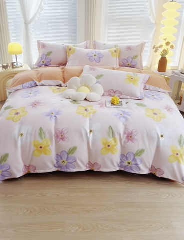 91家纺网 家纺一手货源 找家纺 优尚家纺 2025新款全棉磨毛纯棉喷气印花清新轻奢款四件套 清新款-花语甜心-粉